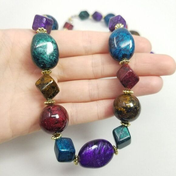 Vintage Beaded Jewel Tone Necklace, 23 Inches Long Single Strand Retro 80s Style - Picture 8 of 8